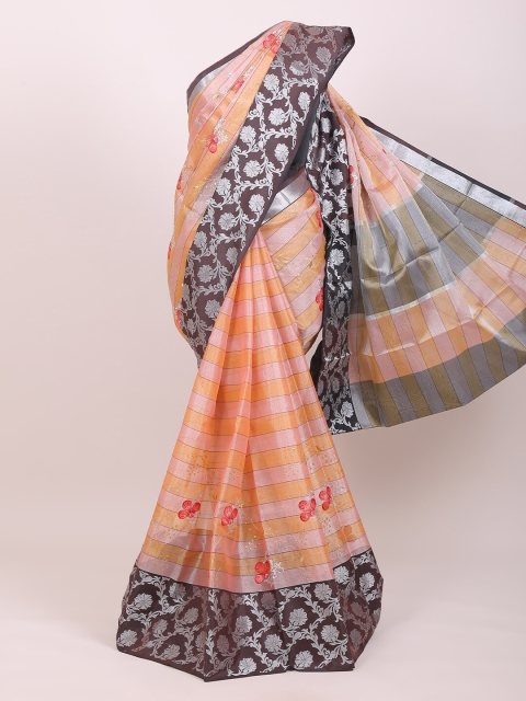 

Pothys Peach-Coloured & Pink Striped Zari Tissue Banarasi Saree