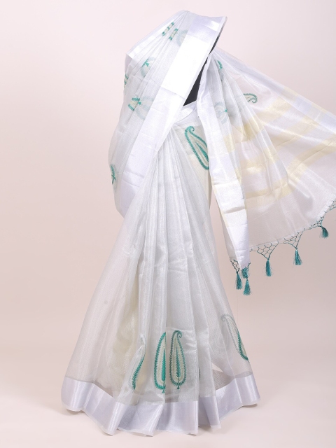 

Pothys Silver-Toned & Green Paisley Tissue Banarasi Saree