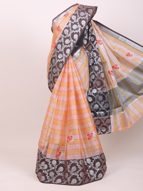 

Pothys Orange & Black Striped Zari Tissue Banarasi Saree