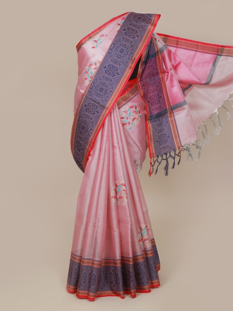 

Pothys Pink Floral Embroidered Tissue Banarasi Saree