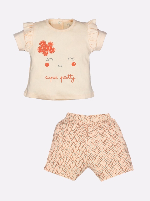 

BABY GO Girls Peach & Red Typography Printed Pure Cotton Top With Shorts