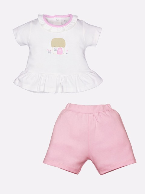 

BABY GO Girls Pink & White Printed Top & Shorts