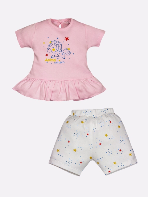 

BABY GO Girls Pink & Blue Graphic Printed Pure Cotton Top With Shorts