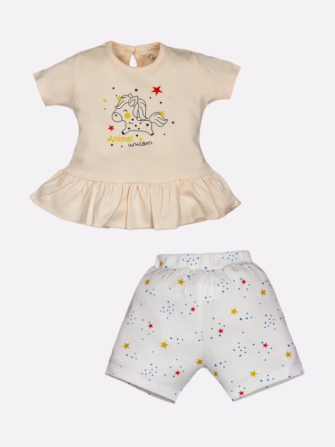 

BABY GO Girls Peach & White Graphic Printed Pure Cotton Top With Shorts