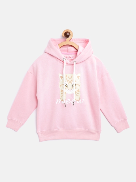 

White Snow Girls Pink & Beige Cat Print Hooded Sweatshirt