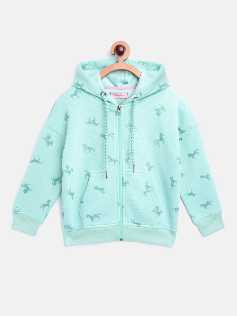 

White Snow Girls Sea Green Horse Print Hooded Sweatshirt