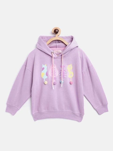 

White Snow Girls Lavender & Yellow Cat Print Applique Detail Hooded Sweatshirt