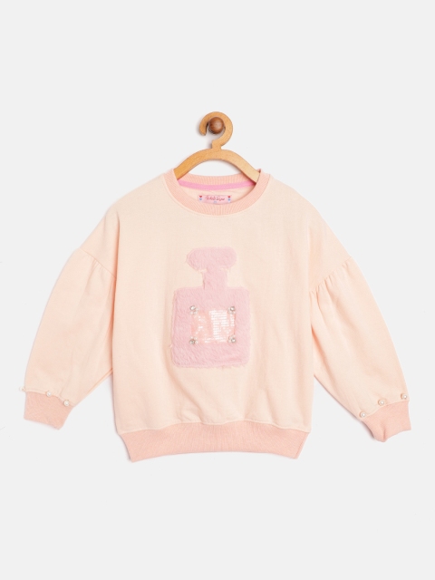 

White Snow Girls Peach-Coloured Faux Fur Applique Sequinned Beaded Sweatshirt