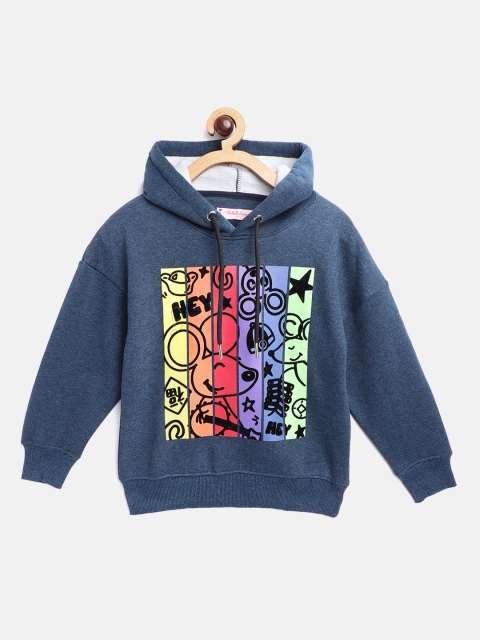 

White Snow Girls Navy Blue & Purple Printed Hooded Sweatshirt