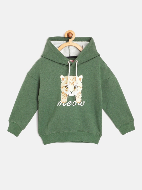

White Snow Girls Green Kitten Print Hooded Sweatshirt