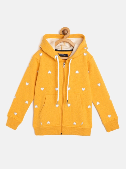 

White Snow Girls Mustard Yellow & White Hearts Print Hooded Sweatshirt
