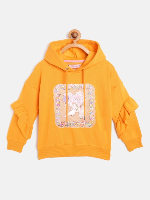 

White Snow Girls Mustard Yellow Heart Sequinned Hooded Sweatshirt