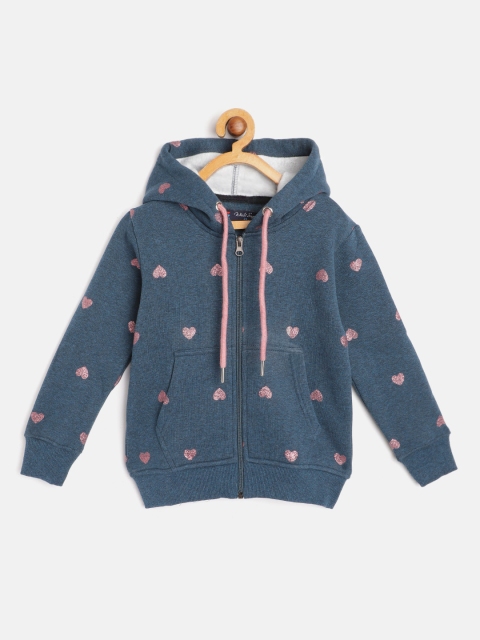 

White Snow Girls Navy Blue & Pink Glitter Hearts Printed Hooded Sweatshirt