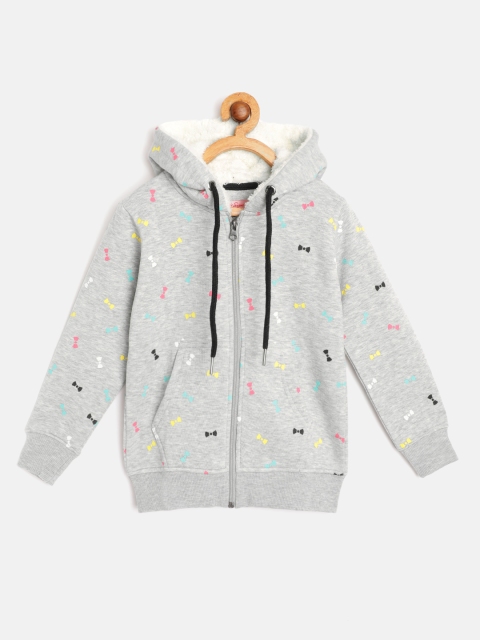 

White Snow Girls Grey Melange & Pink Bows Print Hooded Sweatshirt