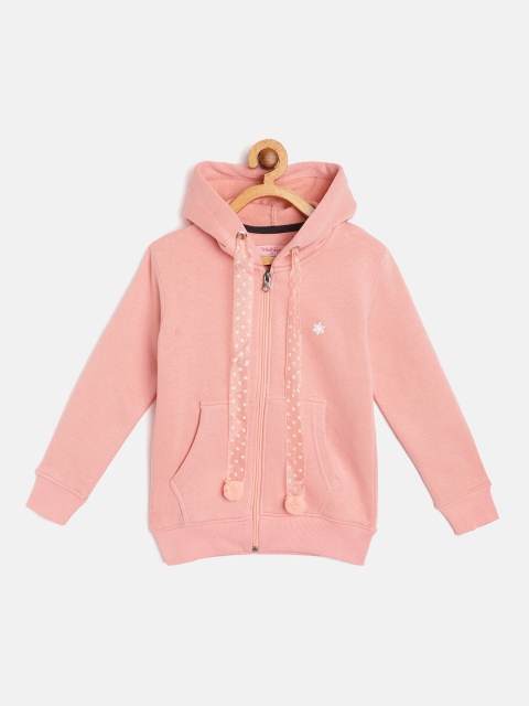 

White Snow Girls Peach-Coloured Solid Hooded Sweatshirt