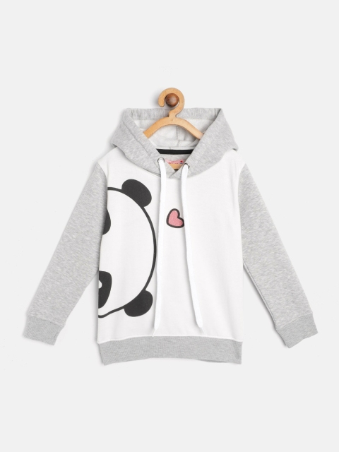 

White Snow Girls White & Grey Melange Panda Printed Hooded Sweatshirt