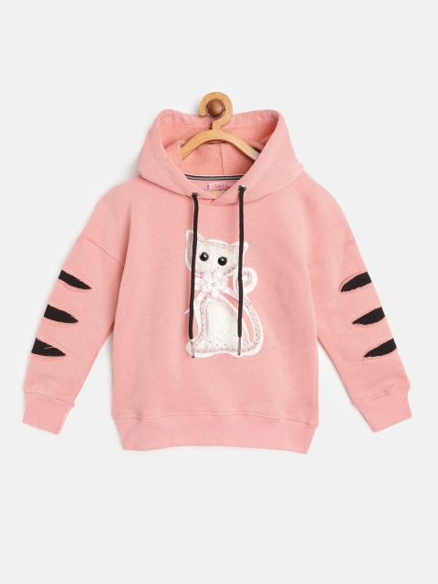 

White Snow Girls Peach-Coloured Embellished Hooded Sweatshirt