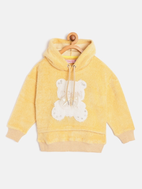 

White Snow Girls Yellow Applique Detail Velvet Finish Hooded Sweatshirt