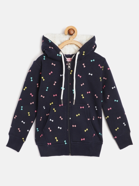 

White Snow Girls Navy Blue & Pink Bows Printed Hooded Sweatshirt