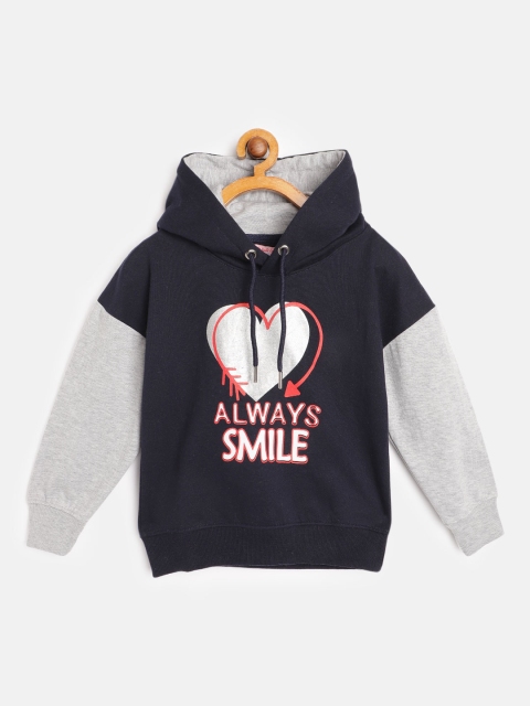 

White Snow Girls Navy Blue & Grey Melange Printed Hooded Sweatshirt