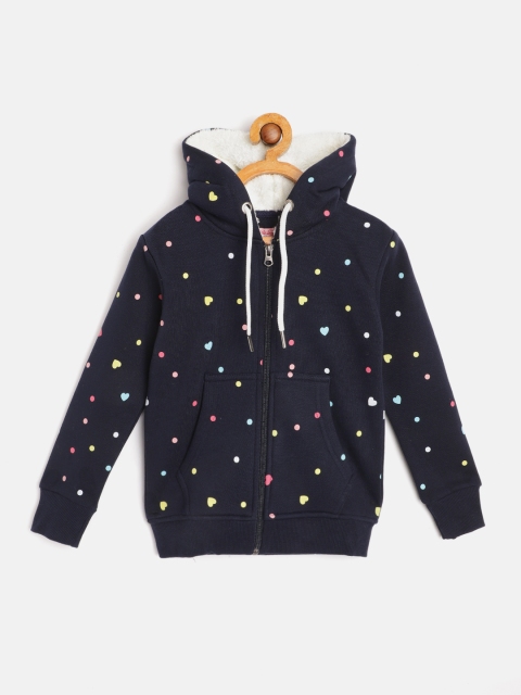 

White Snow Girls Navy Blue & Pink Heart & Polka Dot Print Hooded Sweatshirt