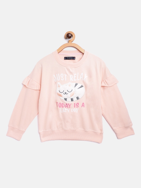 

White Snow Girls Peach-Coloured & White Cat Applique & Typography Print Sweatshirt