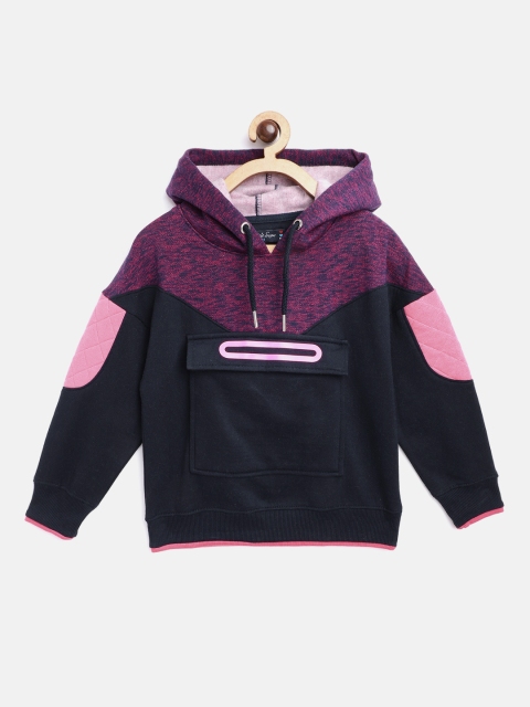 

White Snow Girls Navy Blue & Pink Colourblocked Hooded Sweatshirt