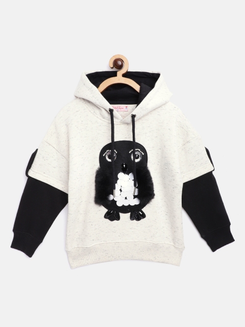 

White Snow Girls White & Black Owl Applique & Embellished Hooded Sweatshirt