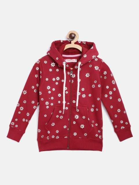 

White Snow Girls Maroon & Silver Floral Foil Print Hooded Sweatshirt