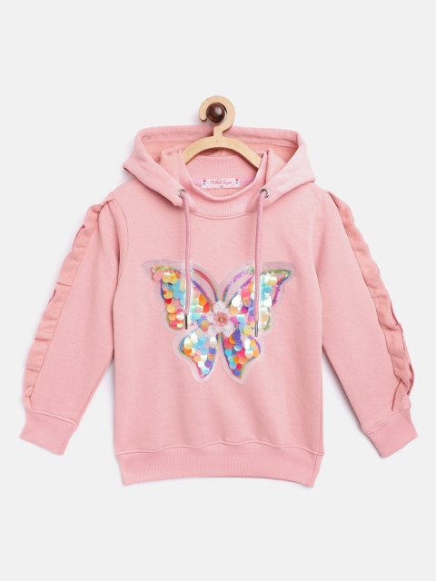 

White Snow Girls Peach-Coloured & Yellow Applique Sequinned Hooded Sweatshirt