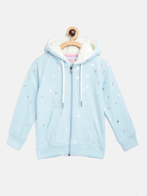 

White Snow Girls Blue Printed & Silver Star Print Hooded Sweatshirt
