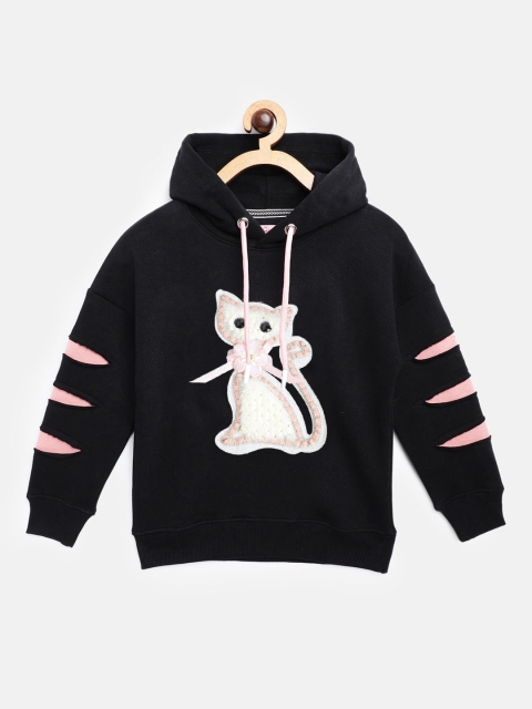 

White Snow Girls Black & White Furry Cat Applique Hooded Sweatshirt