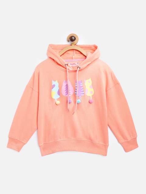 

White Snow Girls Peach-Coloured & Purple Cats Print Hooded Sweatshirt