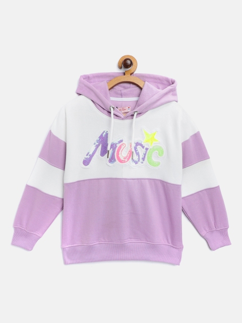 

White Snow Girls Lavender & White Colourblocked with Sequins Hooded Sweatshirt