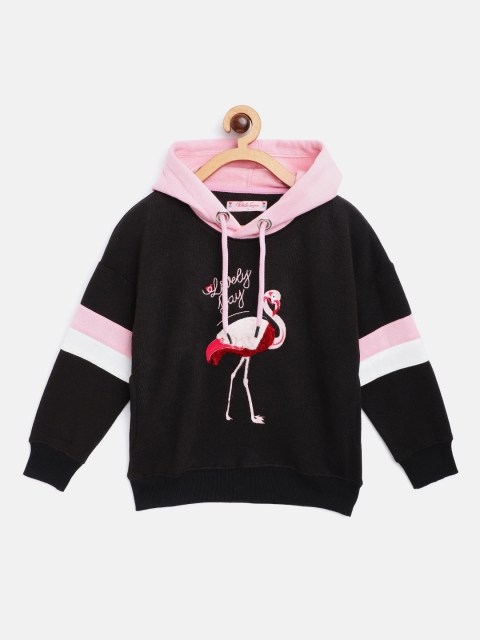 

White Snow Girls Black & Pink Flamingo Patterned Hooded Sweatshirt