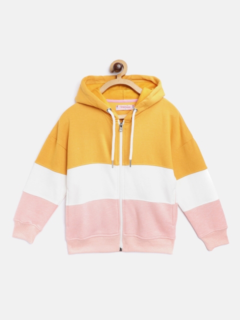 

White Snow Girls Mustard Yellow & Pink Colourblocked Hooded Sweatshirt