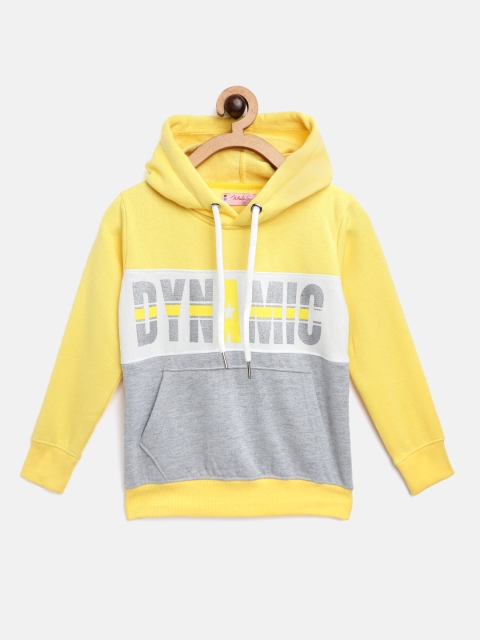 

White Snow Girls Grey Melange & Yellow Printed Hooded Sweatshirt