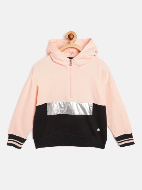 

White Snow Girls Peach-Coloured & Black Colourblocked Hooded Sweatshirt