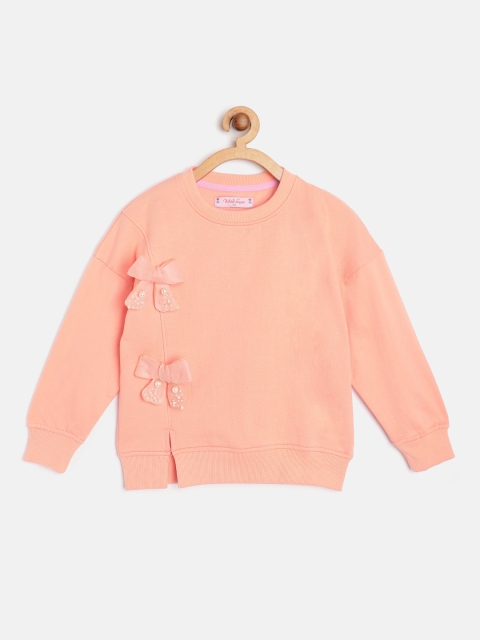 

White Snow Girls Peach-Coloured Solid Sweatshirt with Bow Shaped Brooches