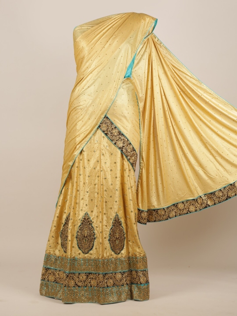 

Pothys Yellow & Navy Blue Embellished Beads and Stones Jute Silk Saree