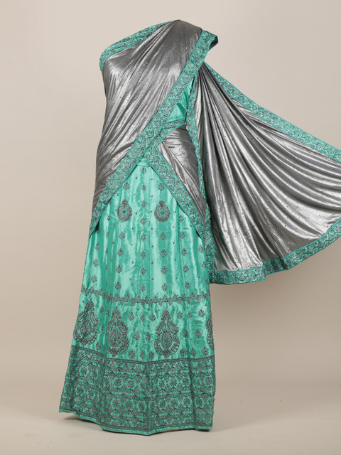 

Pothys Sea Green & Silver-Coloured Ethnic Motifs Jute Silk Half and Half Saree