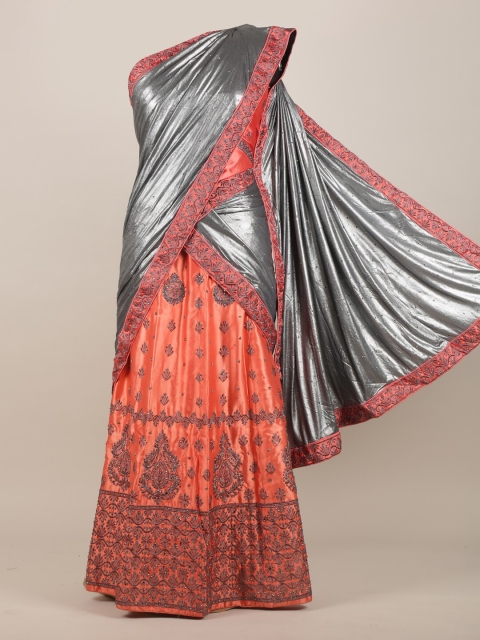 

Pothys Silver-Coloured & Orange Ethnic Motifs Jute Silk Half & Half Saree