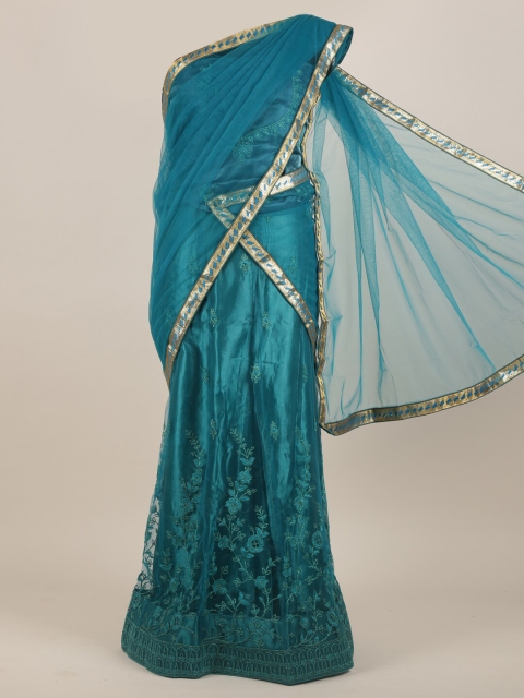 

Pothys Teal & Gold-Toned Floral Net Half and Half Saree