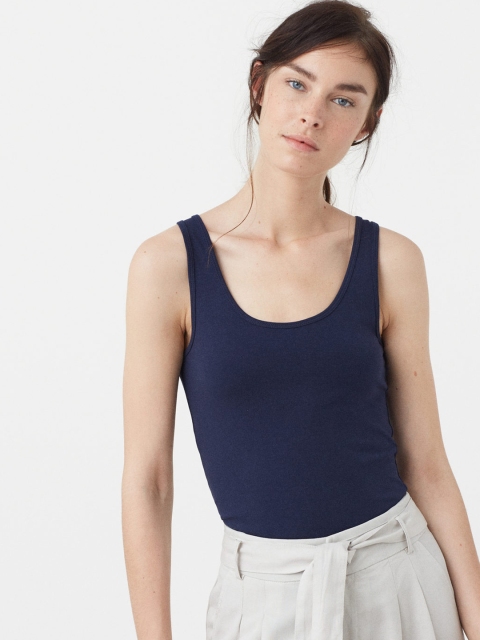 

MANGO Women Navy Solid Tank Top, Navy blue