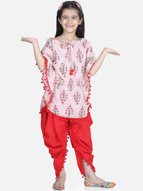 

BownBee Girls Pink & Red Printed Pure Cotton Kaftan Kurta with Dhoti Pants