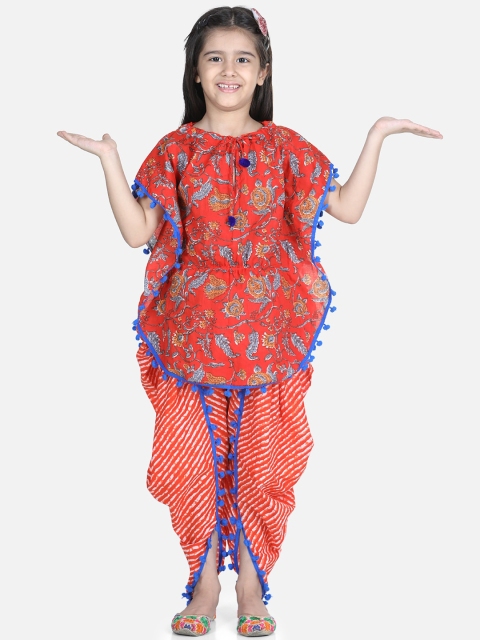 

BownBee Girls Red & Orange Floral Printed Pure Cotton Kaftan Kurta with Dhoti Pants