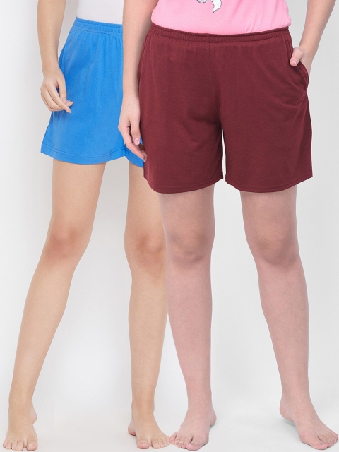 

Clovia Women Pack of 2 Maroon & Blue Solid Cotton Lounge Shorts