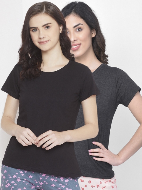 

Clovia Women Pack Of 2 Solid Cotton Lounge T-Shirts, Grey