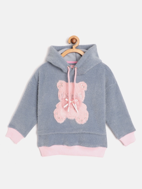 

White Snow Girls Blue & Pink Bunny Applique & Embellished Fuzzy Hooded Sweatshirt