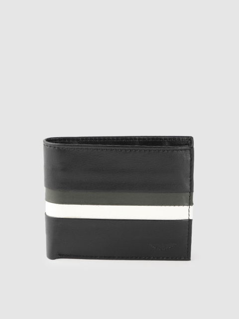 

Park Avenue Men Black & Olive Green Solid Leather Two Fold Wallet with Striped Detail